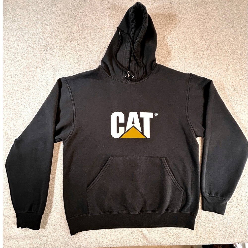 Caterpillar CAT Hoodie Mens Medium Black Pullover Graphic‎ Logo Workwear Fleece